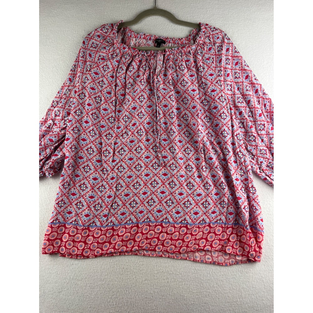 Talbots Plus Red Blue Geometric Medallion Peasant Blouse 1X 3/4 Sleeve Rayon Top